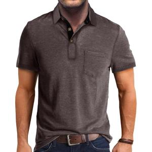 imageMens Casual Polo Shirts Classic Button Basic Short Sleeve Shirt Solid Color Cotton Tees Golf Stylish TopsCoffeess