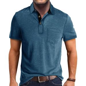 imageMens Casual Polo Shirts Classic Button Basic Short Sleeve Shirt Solid Color Cotton Tees Golf Stylish TopsDark Bluess
