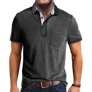 imageMens Casual Polo Shirts Classic Button Basic Short Sleeve Shirt Solid Color Cotton Tees Golf Stylish TopsDark Greyss