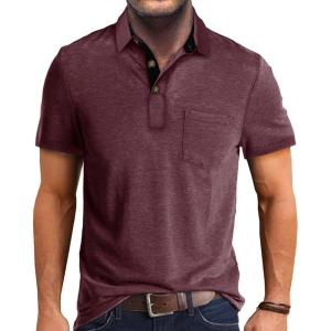 imageMens Casual Polo Shirts Classic Button Basic Short Sleeve Shirt Solid Color Cotton Tees Golf Stylish TopsDark Redss