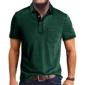 imageMens Casual Polo Shirts Classic Button Basic Short Sleeve Shirt Solid Color Cotton Tees Golf Stylish TopsGreenss