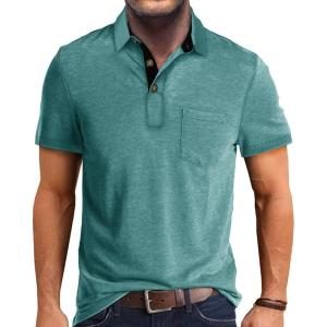imageMens Casual Polo Shirts Classic Button Basic Short Sleeve Shirt Solid Color Cotton Tees Golf Stylish TopsLight Greenss