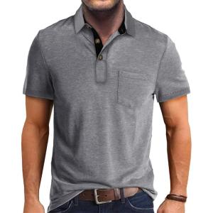 imageMens Casual Polo Shirts Classic Button Basic Short Sleeve Shirt Solid Color Cotton Tees Golf Stylish TopsLight Greyss