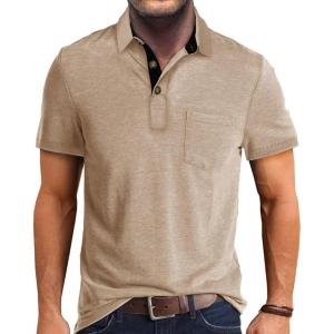 imageMens Casual Polo Shirts Classic Button Basic Short Sleeve Shirt Solid Color Cotton Tees Golf Stylish TopsLight Khakiss