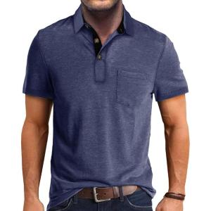 imageMens Casual Polo Shirts Classic Button Basic Short Sleeve Shirt Solid Color Cotton Tees Golf Stylish TopsNavyss