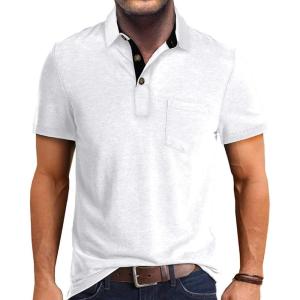 imageMens Casual Polo Shirts Classic Button Basic Short Sleeve Shirt Solid Color Cotton Tees Golf Stylish TopsWhitess