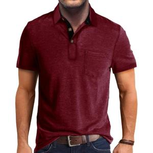 imageMens Casual Polo Shirts Classic Button Basic Short Sleeve Shirt Solid Color Cotton Tees Golf Stylish TopsWine Redss