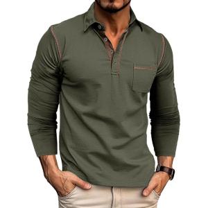 imageMens Casual Polo Shirts Classic Long Sleeve Basic Button TShirt Lightweight Cotton Golf Tops with PocketArmygreen