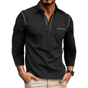 imageMens Casual Polo Shirts Classic Long Sleeve Basic Button TShirt Lightweight Cotton Golf Tops with PocketBlack