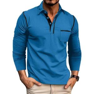 imageMens Casual Polo Shirts Classic Long Sleeve Basic Button TShirt Lightweight Cotton Golf Tops with PocketBlue