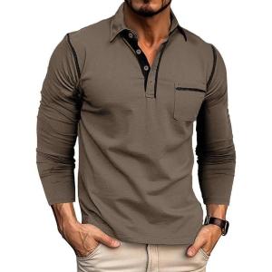 imageMens Casual Polo Shirts Classic Long Sleeve Basic Button TShirt Lightweight Cotton Golf Tops with PocketBrown