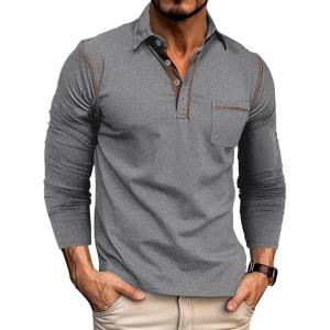imageMens Casual Polo Shirts Classic Long Sleeve Basic Button TShirt Lightweight Cotton Golf Tops with PocketDarkflowergrey