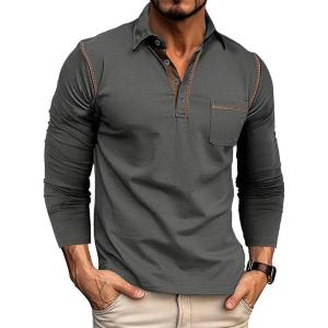 imageMens Casual Polo Shirts Classic Long Sleeve Basic Button TShirt Lightweight Cotton Golf Tops with PocketDarkgrey