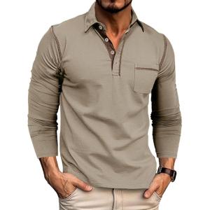imageMens Casual Polo Shirts Classic Long Sleeve Basic Button TShirt Lightweight Cotton Golf Tops with PocketKhaki