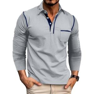 imageMens Casual Polo Shirts Classic Long Sleeve Basic Button TShirt Lightweight Cotton Golf Tops with PocketLightflowergrey
