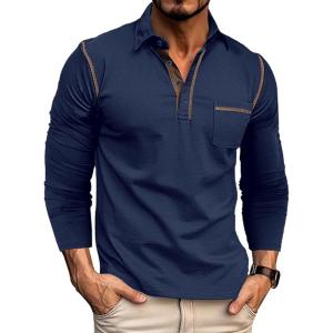 imageMens Casual Polo Shirts Classic Long Sleeve Basic Button TShirt Lightweight Cotton Golf Tops with PocketNavy