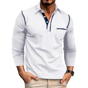 imageMens Casual Polo Shirts Classic Long Sleeve Basic Button TShirt Lightweight Cotton Golf Tops with PocketWhite