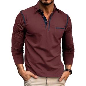 imageMens Casual Polo Shirts Classic Long Sleeve Basic Button TShirt Lightweight Cotton Golf Tops with PocketWinered