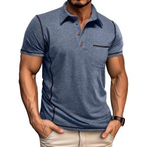 imageMens Casual Polo Shirts Classic Short Sleeve Basic Button TShirt Lightweight Cotton Golf Tops with PocketDarkblue