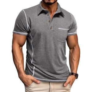 imageMens Casual Polo Shirts Classic Short Sleeve Basic Button TShirt Lightweight Cotton Golf Tops with PocketDarkgrey