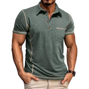 imageMens Casual Polo Shirts Classic Short Sleeve Basic Button TShirt Lightweight Cotton Golf Tops with PocketGreen