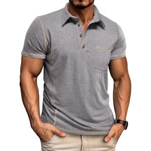 imageMens Casual Polo Shirts Classic Short Sleeve Basic Button TShirt Lightweight Cotton Golf Tops with PocketGrey