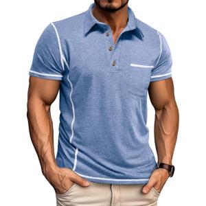 imageMens Casual Polo Shirts Classic Short Sleeve Basic Button TShirt Lightweight Cotton Golf Tops with PocketLightblue