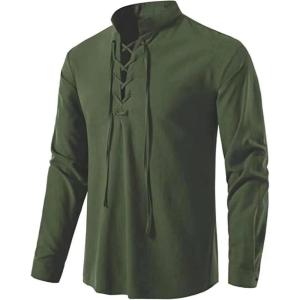 imageMens Cotton Linen Lace Up Shirts Pirate Medieval Viking Renaissance Halloween Costume Drawstring Arm Banded TopsArmygreen