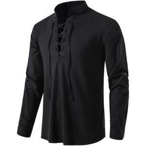imageMens Cotton Linen Lace Up Shirts Pirate Medieval Viking Renaissance Halloween Costume Drawstring Arm Banded TopsBlack