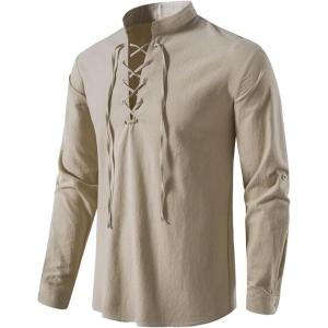 imageMens Cotton Linen Lace Up Shirts Pirate Medieval Viking Renaissance Halloween Costume Drawstring Arm Banded TopsKhaki
