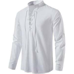 imageMens Cotton Linen Lace Up Shirts Pirate Medieval Viking Renaissance Halloween Costume Drawstring Arm Banded TopsWhite