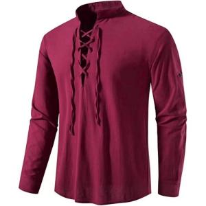 imageMens Cotton Linen Lace Up Shirts Pirate Medieval Viking Renaissance Halloween Costume Drawstring Arm Banded TopsWinered