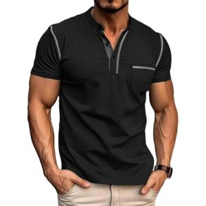 imageMens Fashion Henley Shirt Classic ShortLong Sleeve Lightweight Button Cotton TShirt Casual TopBlack