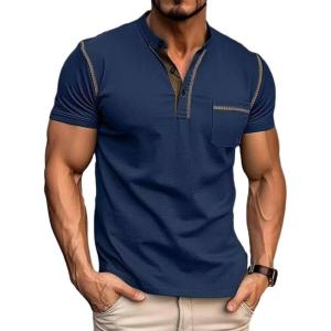 imageMens Fashion Henley Shirt Classic ShortLong Sleeve Lightweight Button Cotton TShirt Casual TopBlue