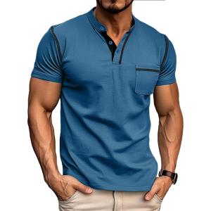 imageMens Fashion Henley Shirt Classic ShortLong Sleeve Lightweight Button Cotton TShirt Casual TopBlue2