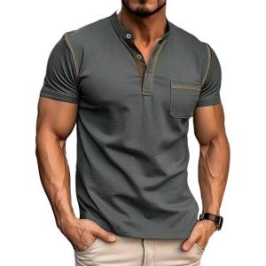 imageMens Fashion Henley Shirt Classic ShortLong Sleeve Lightweight Button Cotton TShirt Casual TopDark Grey