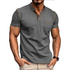 imageMens Fashion Henley Shirt Classic ShortLong Sleeve Lightweight Button Cotton TShirt Casual TopDarkgrey2