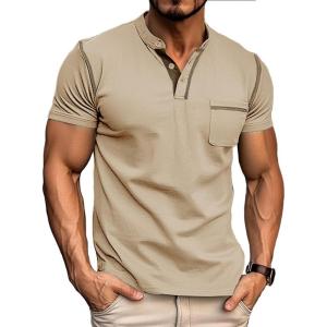 imageMens Fashion Henley Shirt Classic ShortLong Sleeve Lightweight Button Cotton TShirt Casual TopKhaki