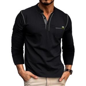 imageMens Fashion Henley Shirt Classic ShortLong Sleeve Lightweight Button Cotton TShirt Casual TopLs Black
