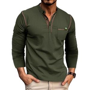 imageMens Fashion Henley Shirt Classic ShortLong Sleeve Lightweight Button Cotton TShirt Casual TopLs Green