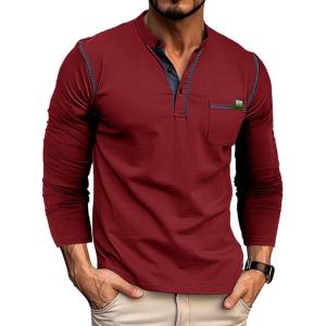 imageMens Fashion Henley Shirt Classic ShortLong Sleeve Lightweight Button Cotton TShirt Casual TopLs Wine Red