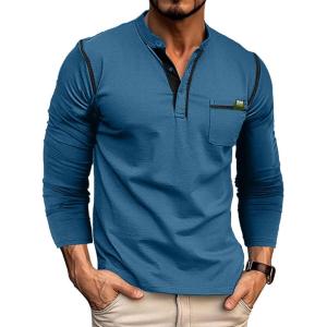 imageMens Fashion Henley Shirt Classic ShortLong Sleeve Lightweight Button Cotton TShirt Casual TopLsblue2