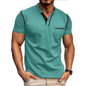 imageMens Fashion Henley Shirt Classic ShortLong Sleeve Lightweight Button Cotton TShirt Casual TopSkygreen