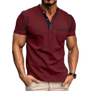 imageMens Fashion Henley Shirt Classic ShortLong Sleeve Lightweight Button Cotton TShirt Casual TopWine Red