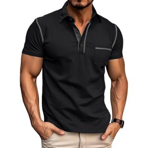 imageMens Fashion Polo Shirts Classic Short Sleeve Lightweight Button Cotton TShirt Casual Golf Tee Tops with PocketBlack