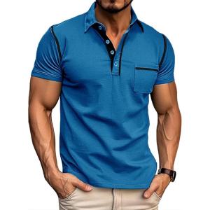 imageMens Fashion Polo Shirts Classic Short Sleeve Lightweight Button Cotton TShirt Casual Golf Tee Tops with PocketBlue