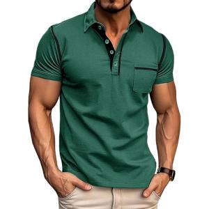imageMens Fashion Polo Shirts Classic Short Sleeve Lightweight Button Cotton TShirt Casual Golf Tee Tops with PocketDarkgreen