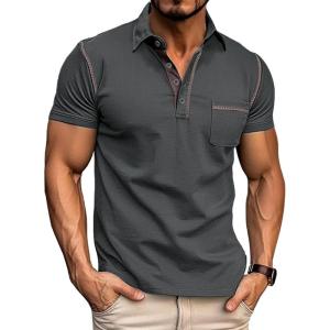 imageMens Fashion Polo Shirts Classic Short Sleeve Lightweight Button Cotton TShirt Casual Golf Tee Tops with PocketDarkgrey