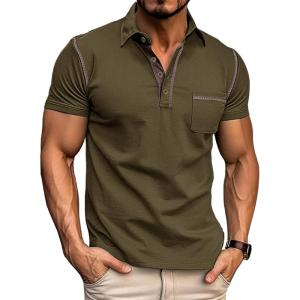 imageMens Fashion Polo Shirts Classic Short Sleeve Lightweight Button Cotton TShirt Casual Golf Tee Tops with PocketGgreen