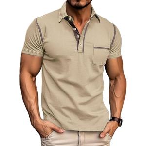 imageMens Fashion Polo Shirts Classic Short Sleeve Lightweight Button Cotton TShirt Casual Golf Tee Tops with PocketKhaki